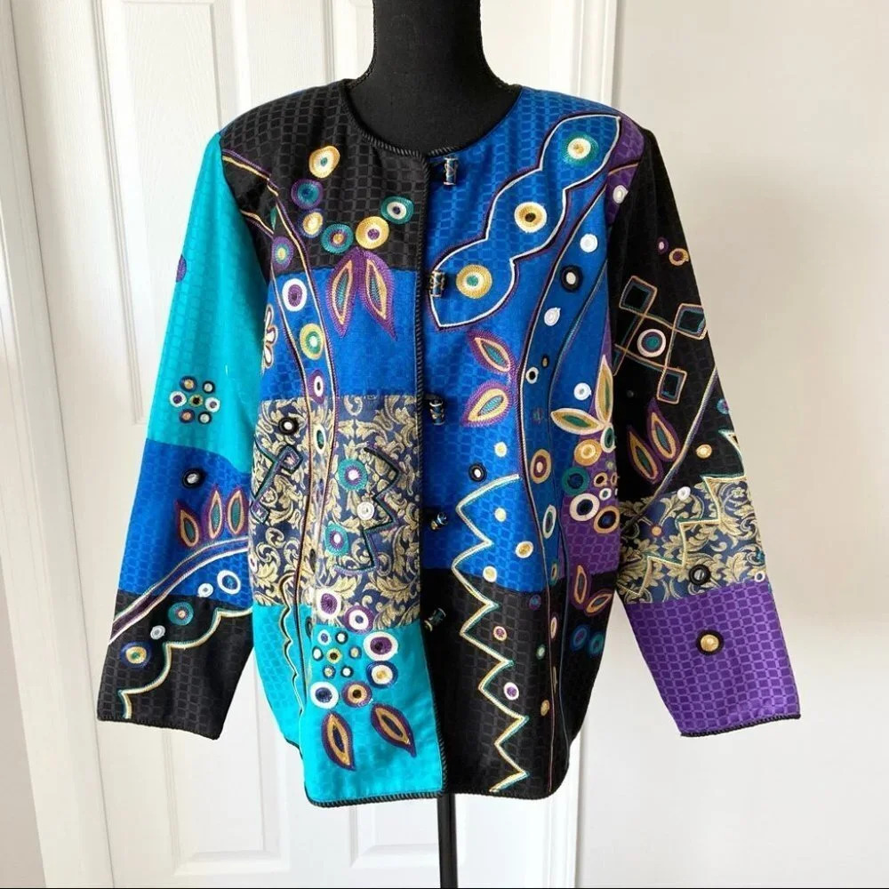 Vintage Bellessa Art Abstract Embroidery  Patchwork Colourblock Jacket